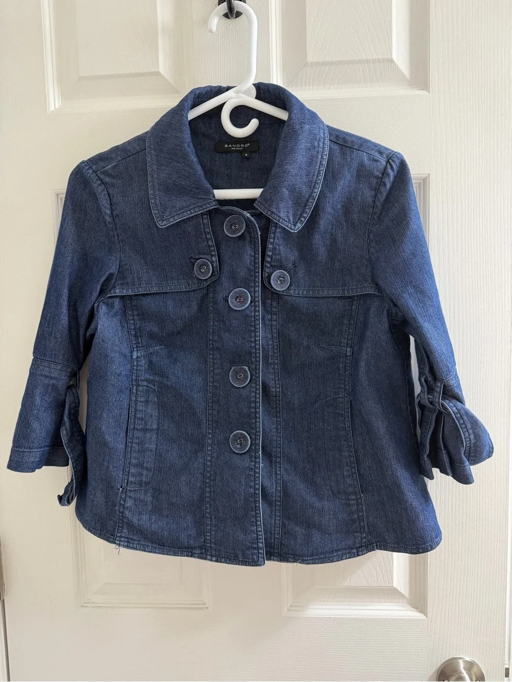 Sandro Paris Dark Blue Denim Jacket Shirt Bow Sleeve Detail Small S